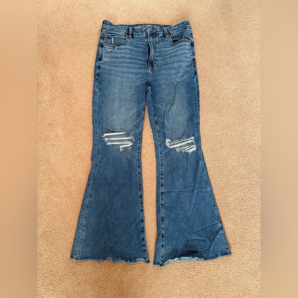 American Eagle Outfitters Blue Distressed Wide Leg Jeans